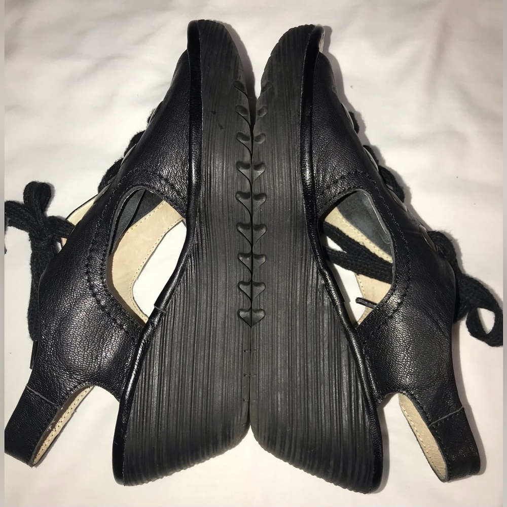 Fly London Yuta Black Lace Up Peep Toe Wedge Heel Sandals - Picture 2 of 8
